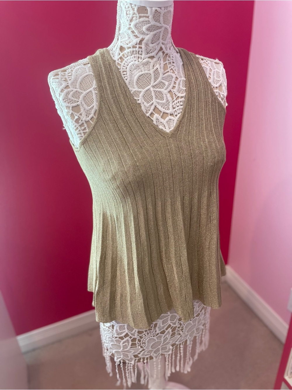 Ted Baker Ribbed V-Neck Tank Top in Metallic Gold
